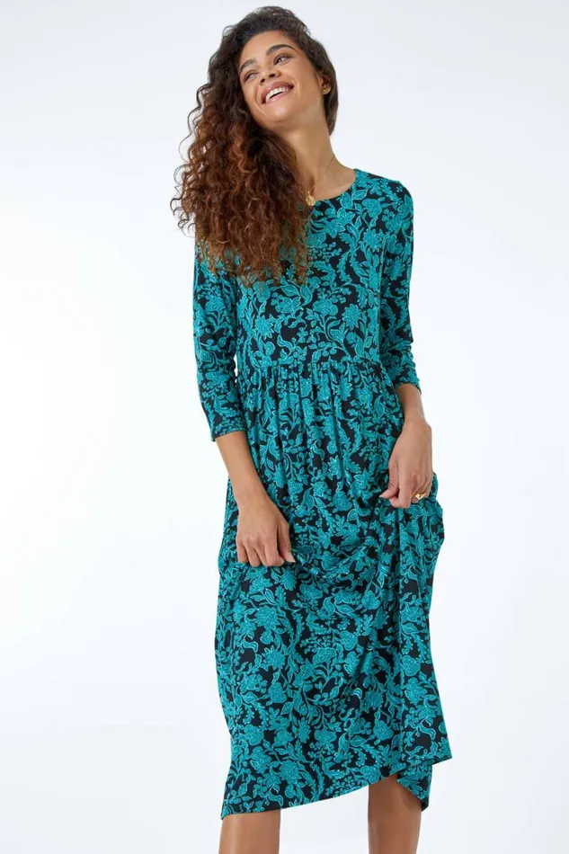 Teal Leaf Print Midi Stretch Dress Women Roman Dresses
