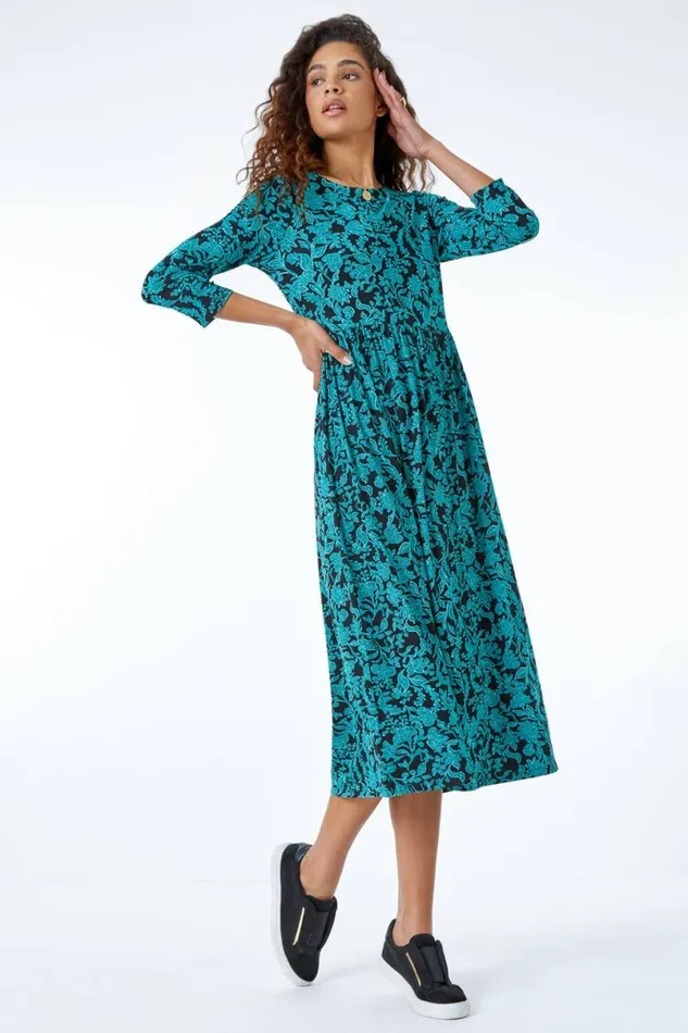 Teal Leaf Print Midi Stretch Dress Women Roman Dresses