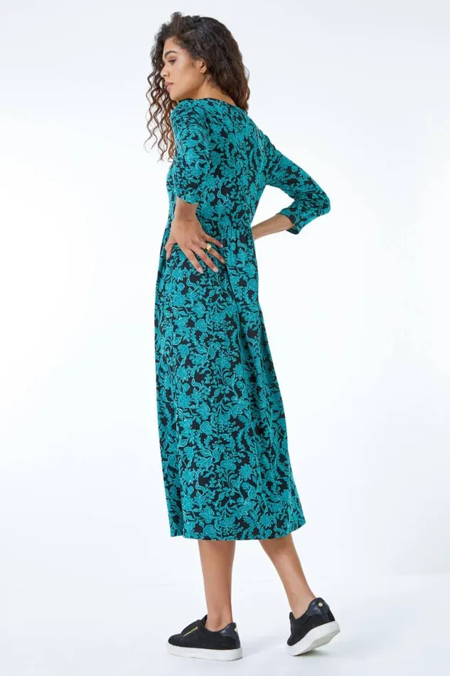 Teal Leaf Print Midi Stretch Dress Women Roman Dresses