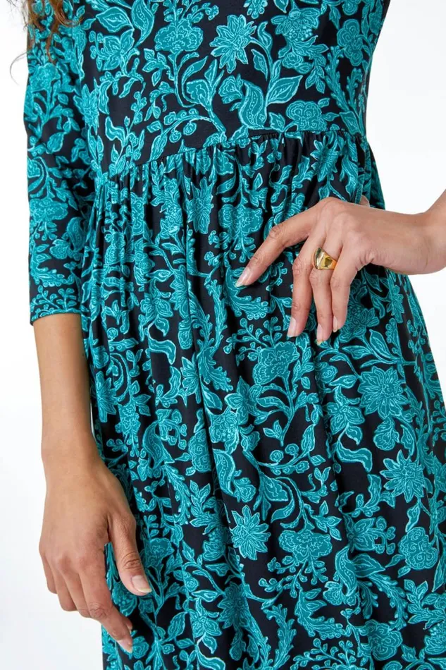 Teal Leaf Print Midi Stretch Dress Women Roman Dresses