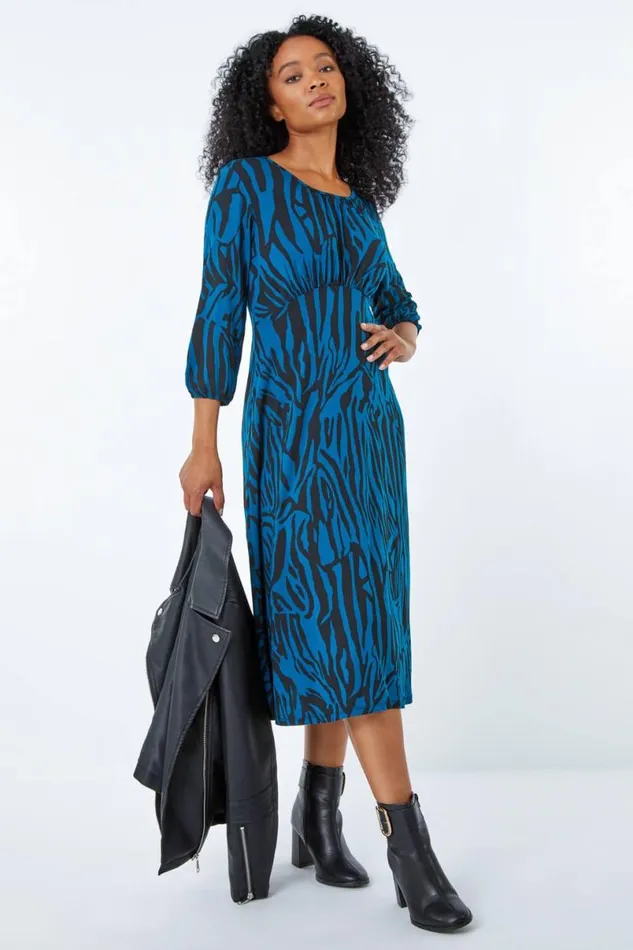 Teal Petite Zebra Print Midi Dress Women Roman Dresses