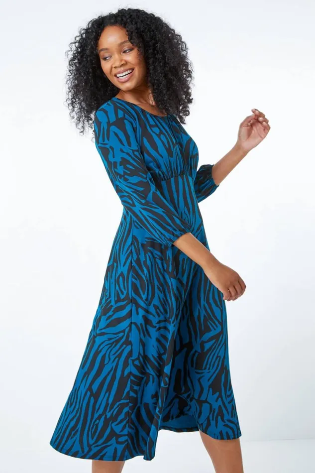 Teal Petite Zebra Print Midi Dress Women Roman Dresses