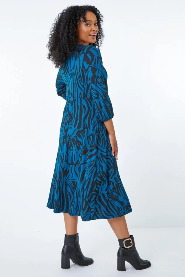 Teal Petite Zebra Print Midi Dress Women Roman Dresses