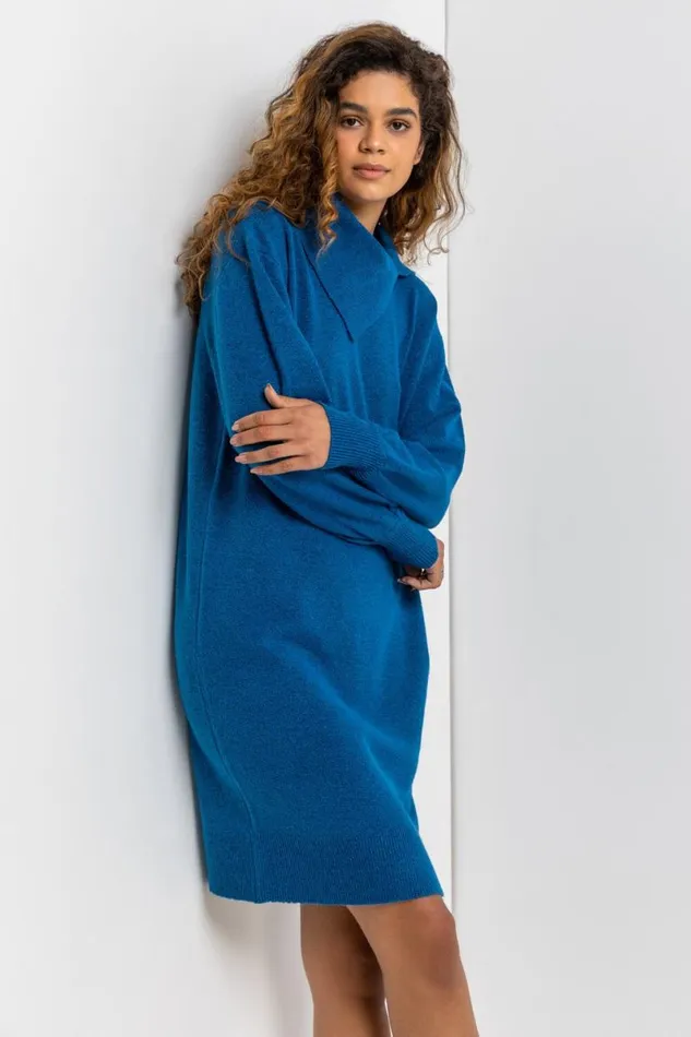 Teal Split Neck Ribbed Knit Dress Women Roman Dresses