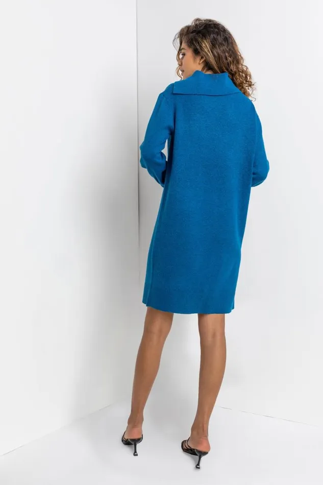 Teal Split Neck Ribbed Knit Dress Women Roman Dresses