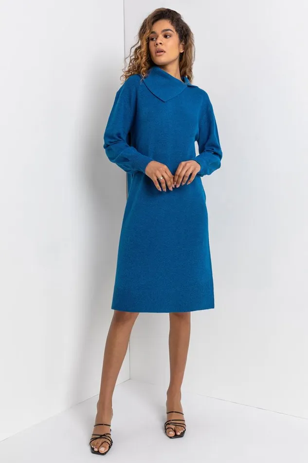 Teal Split Neck Ribbed Knit Dress Women Roman Dresses