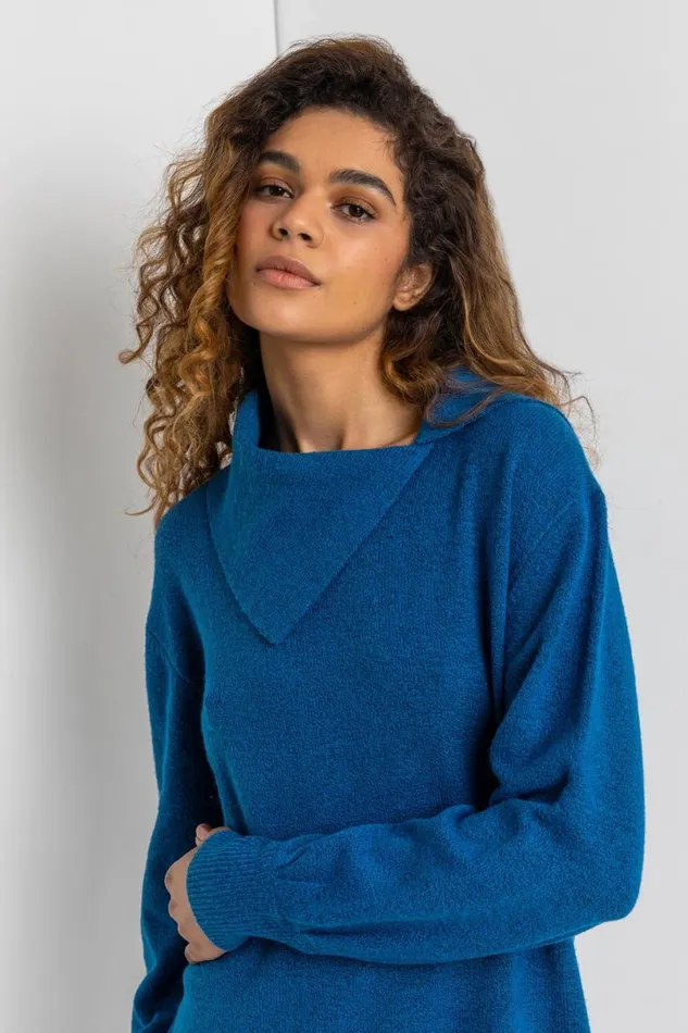 Teal Split Neck Ribbed Knit Dress Women Roman Dresses