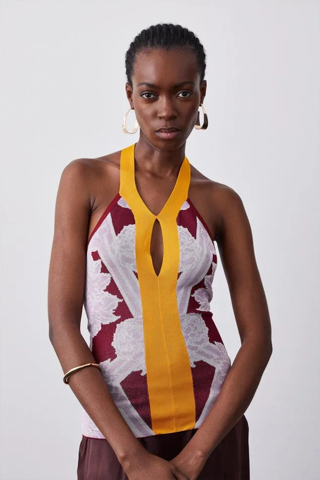 Tops Women Karen Millen Abstract Jacquard Sleeveless Halter Neck Knit Top Purple