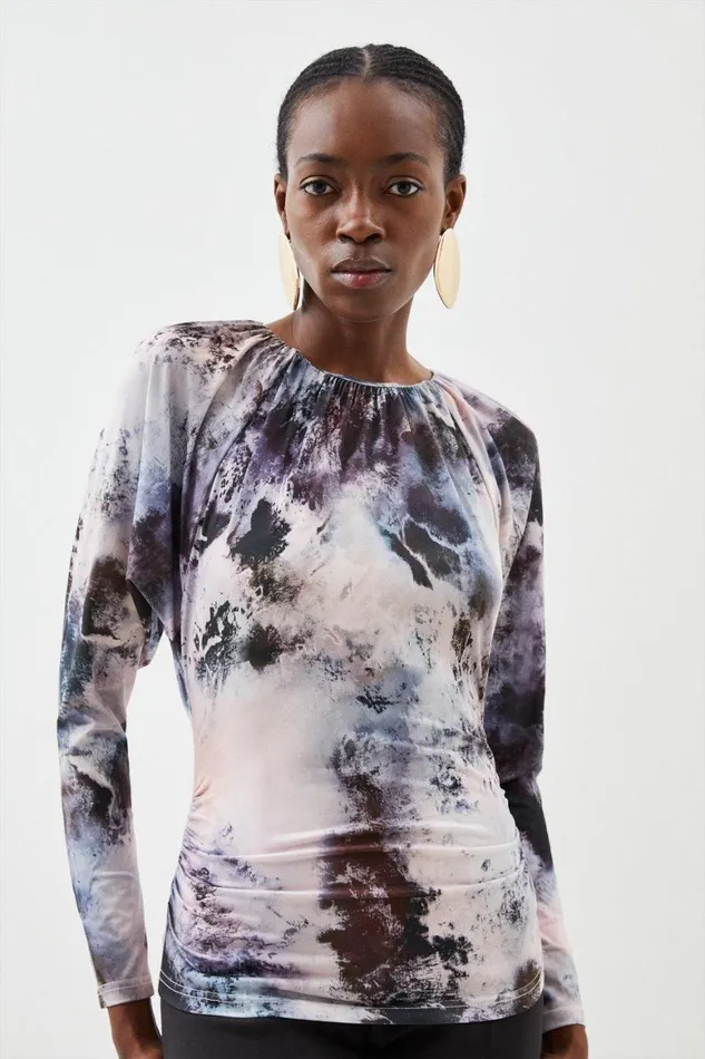 Tops Women Karen Millen Abstract Print Jersey Crepe Batwing Top Grey