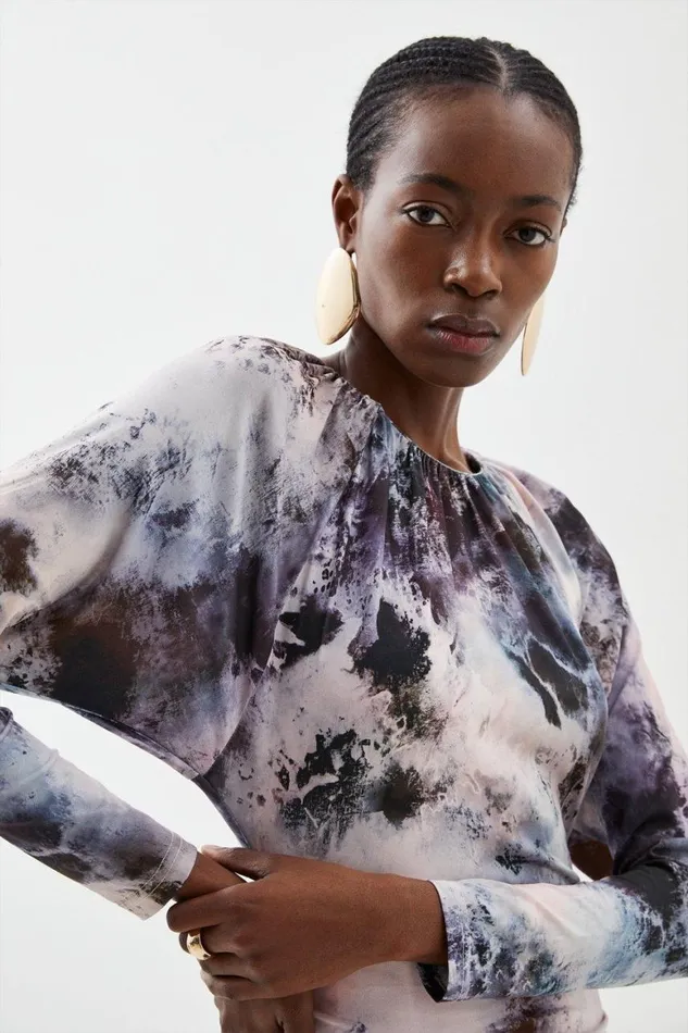 Tops Women Karen Millen Abstract Print Jersey Crepe Batwing Top Grey