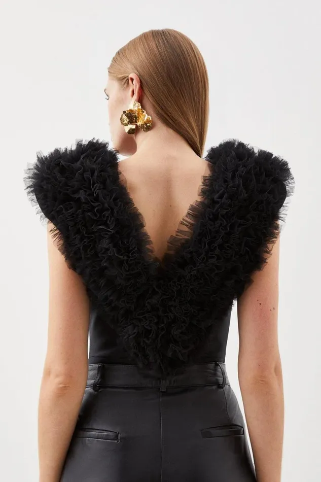 Tops Women Karen Millen Bandage Figure Form Knit Tulle Detail Bodysuit Black