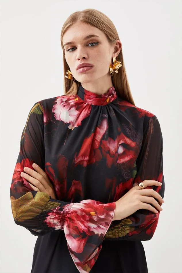 Tops Women Karen Millen Button Georgette Woven Top Floral