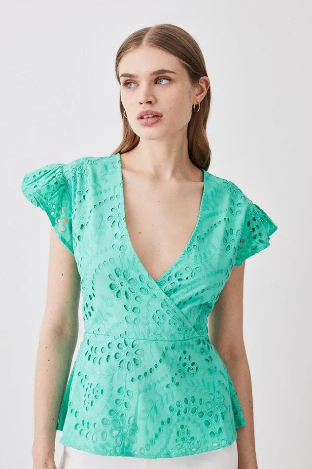 Tops Women Karen Millen Cotton Broderie Ruffle Woven Sleeve Top Green