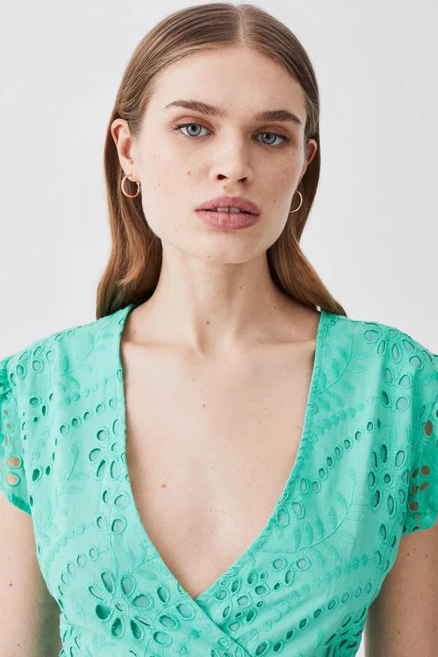 Tops Women Karen Millen Cotton Broderie Ruffle Woven Sleeve Top Green