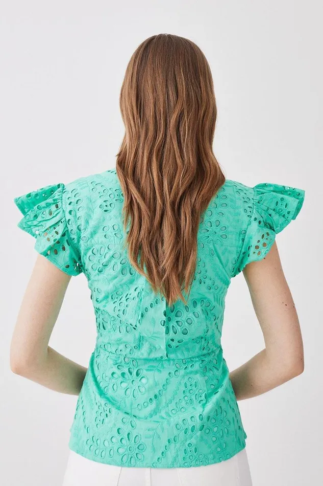 Tops Women Karen Millen Cotton Broderie Ruffle Woven Sleeve Top Green