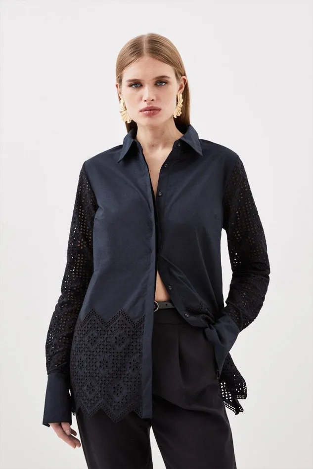 Tops Women Karen Millen Cotton Broderie Woven Blouse Navy