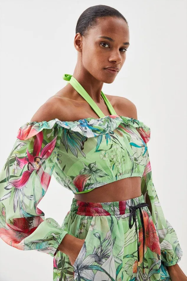 Tops Women Karen Millen Crinkle Floral Bardot Beach Crop Top Floral