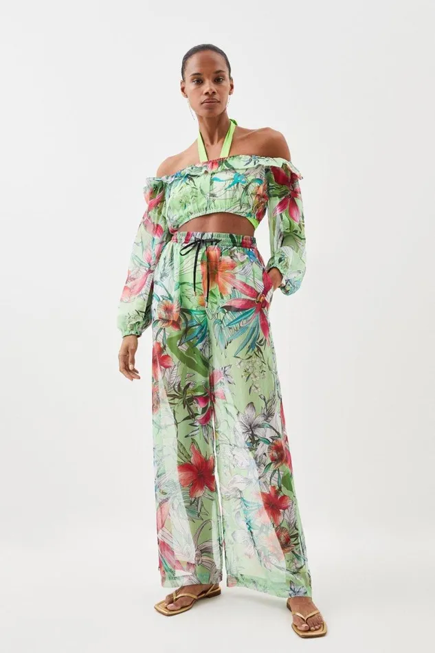 Tops Women Karen Millen Crinkle Floral Bardot Beach Crop Top Floral