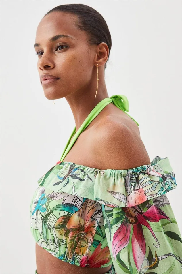 Tops Women Karen Millen Crinkle Floral Bardot Beach Crop Top Floral