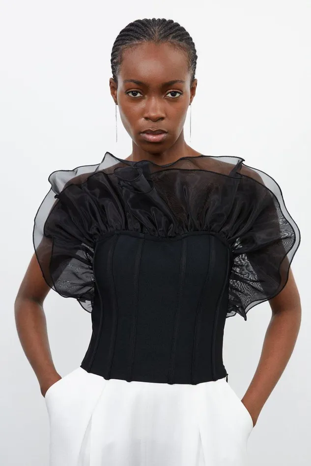 Tops Women Karen Millen Figure Form Bandage Knit Organza Frill Detail Top Black