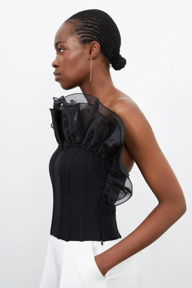 Tops Women Karen Millen Figure Form Bandage Knit Organza Frill Detail Top Black