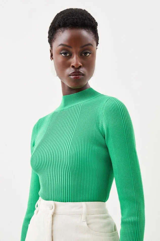 Tops Women Karen Millen Funnel Neck Rib Knit Jumper Green