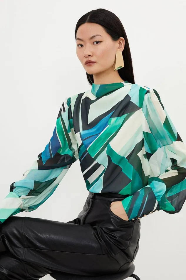 Tops Women Karen Millen Geo Print Georgette Woven Blouse Green
