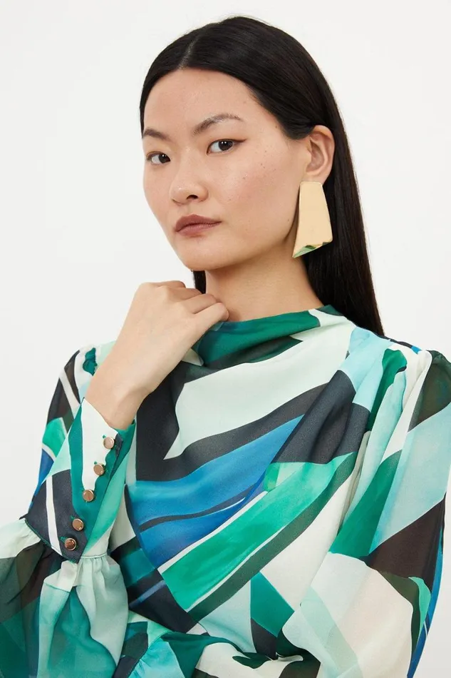 Tops Women Karen Millen Geo Print Georgette Woven Blouse Green