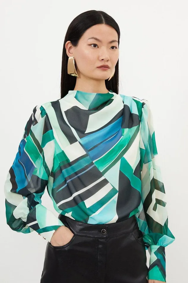 Tops Women Karen Millen Geo Print Georgette Woven Blouse Green