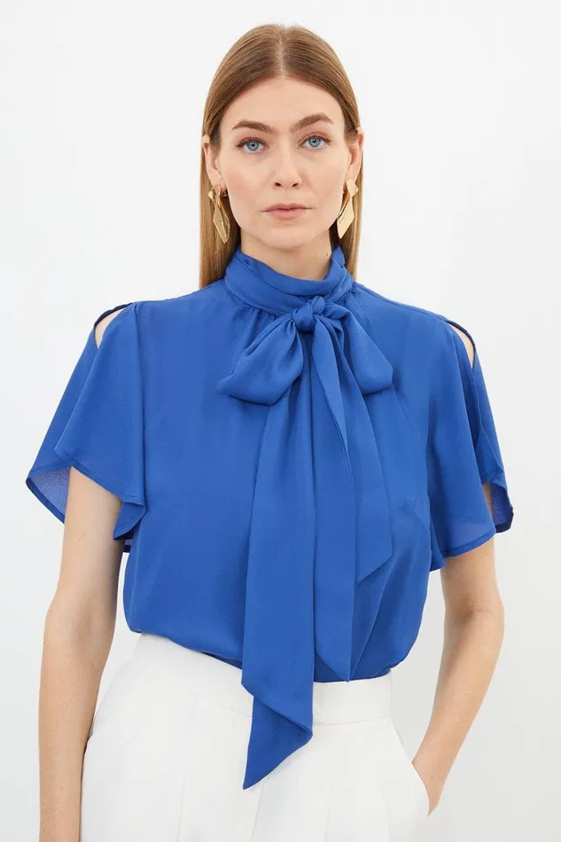 Tops Women Karen Millen Georgette Woven Tie Neck Ruffle Blouse Cobalt