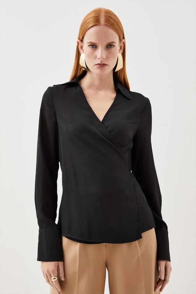 Tops Women Karen Millen Georgette Woven Wrap Top Black