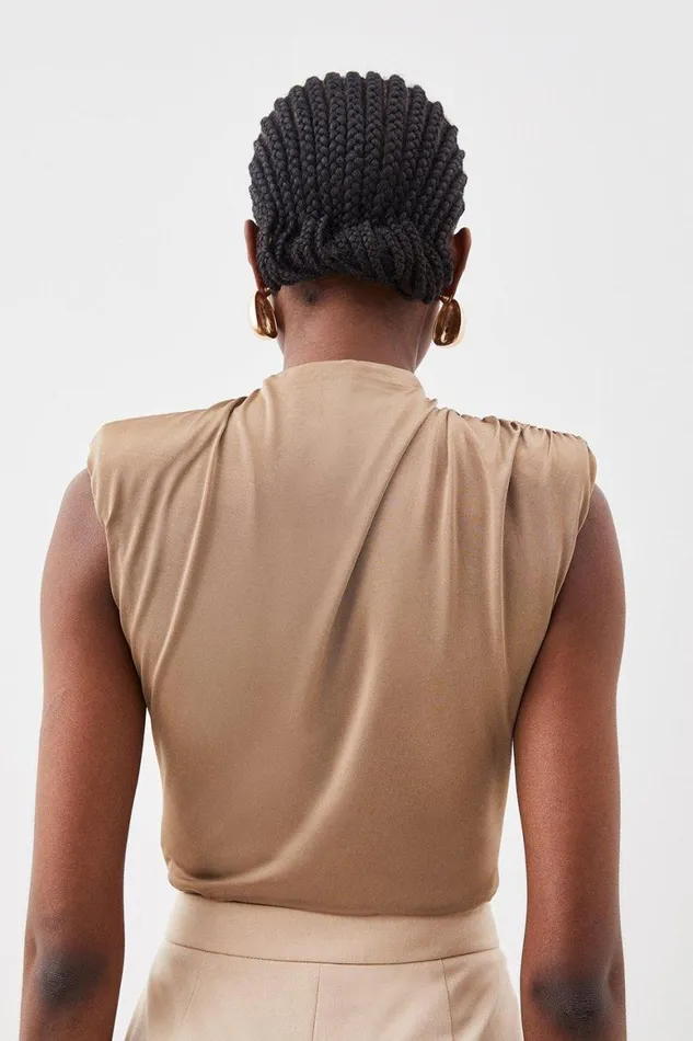 Tops Women Karen Millen Jersey Crepe Sleeveless Draped Bodysuit Taupe
