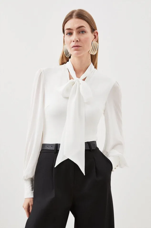 Tops Women Karen Millen Jersey Ponte Georgette Mix Bodysuit Ivory