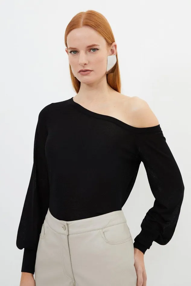 Tops Women Karen Millen Lightweight Viscose Blend Summer Knit Off Shoulder Top Black