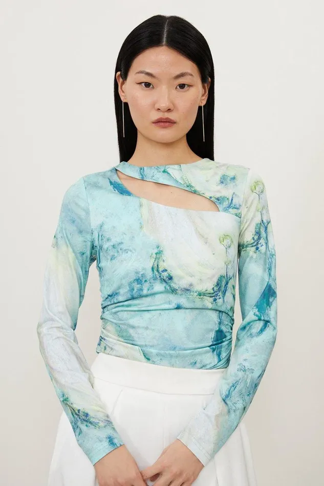 Tops Women Karen Millen Marble Print Jersey Slash Cutout Long Sleeve Top Green