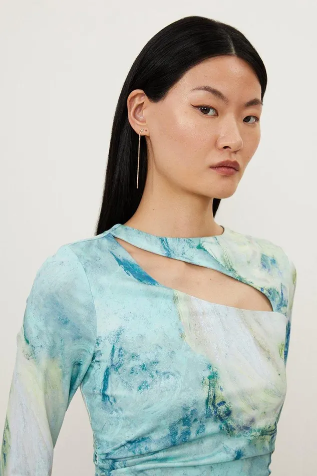 Tops Women Karen Millen Marble Print Jersey Slash Cutout Long Sleeve Top Green