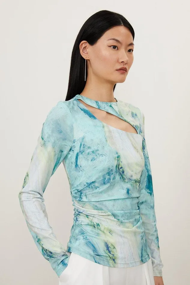 Tops Women Karen Millen Marble Print Jersey Slash Cutout Long Sleeve Top Green