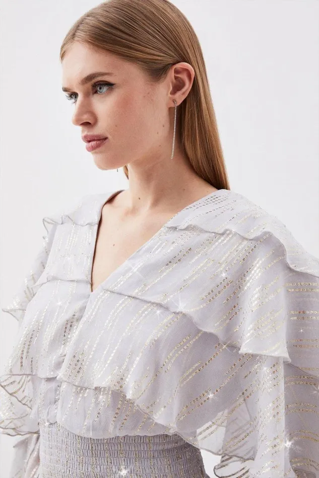 Tops Women Karen Millen Metallic Embellished Ruffle Woven Top