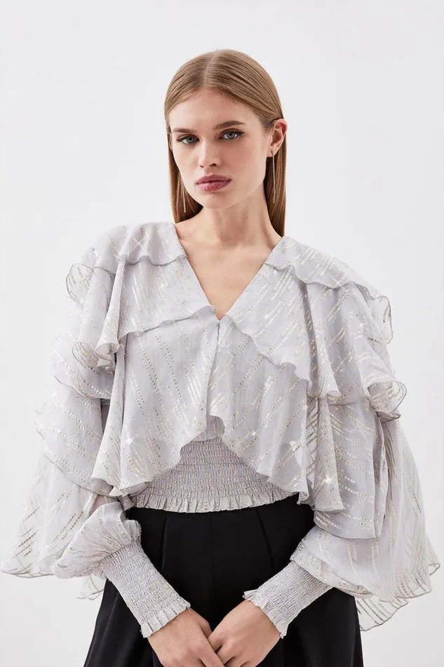 Tops Women Karen Millen Metallic Embellished Ruffle Woven Top