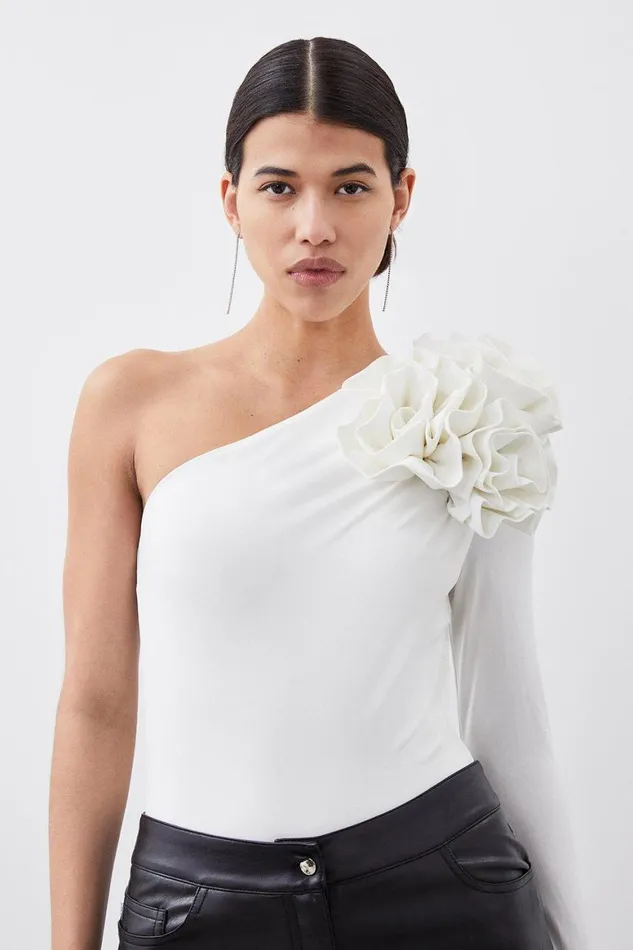 Tops Women Karen Millen One Shoulder Drapey Ruched Jersey Rosette Bodysuit Ivory