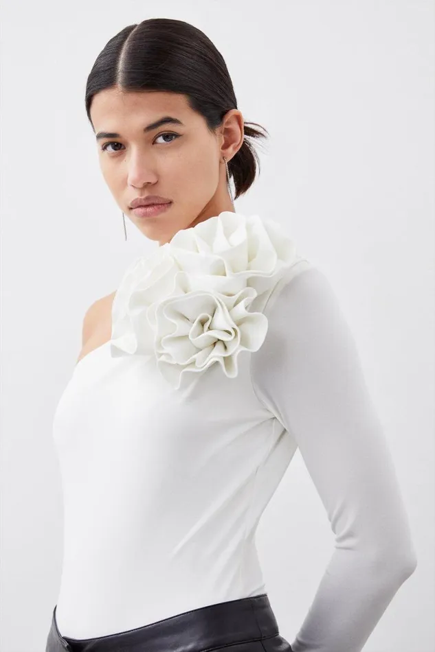 Tops Women Karen Millen One Shoulder Drapey Ruched Jersey Rosette Bodysuit Ivory