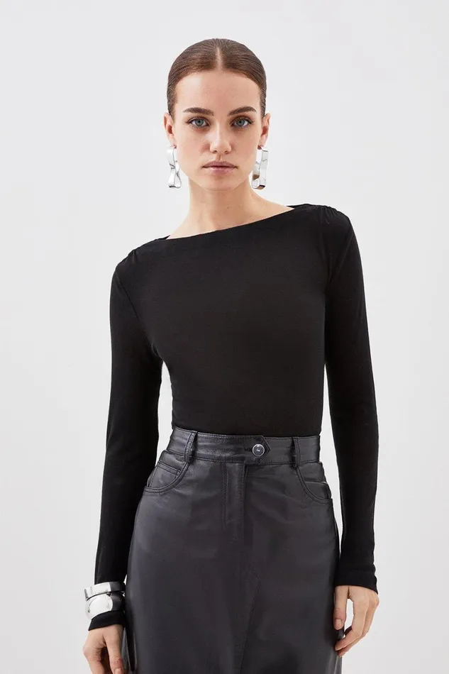 Tops Women Karen Millen Petite Premium Jersey Wool Blend Long Sleeve Top Black