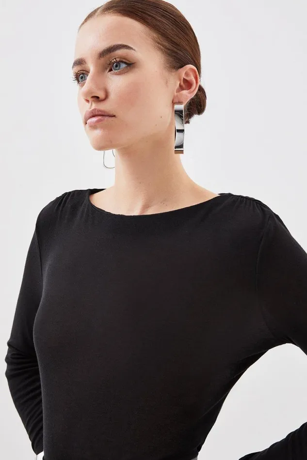 Tops Women Karen Millen Petite Premium Jersey Wool Blend Long Sleeve Top Black