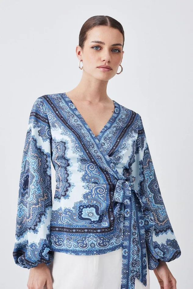 Tops Women Karen Millen Petite Scarf Printed Hammered Satin Woven Wrap Top Blue