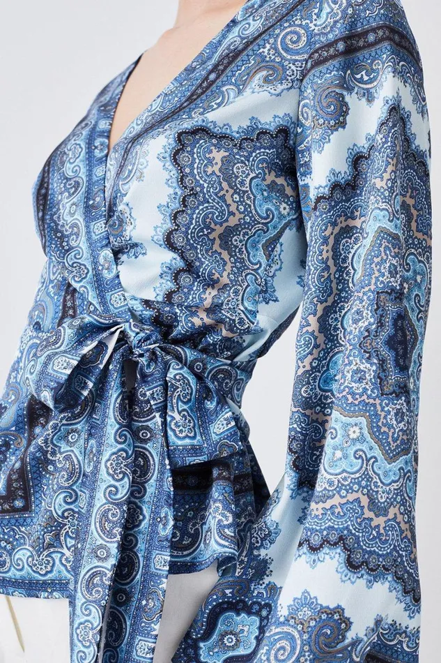 Tops Women Karen Millen Petite Scarf Printed Hammered Satin Woven Wrap Top Blue