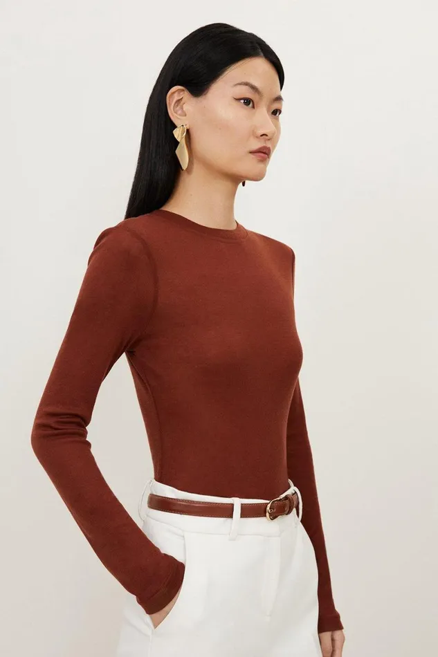 Tops Women Karen Millen Premium Jersey Wool Blend Top Charcoal