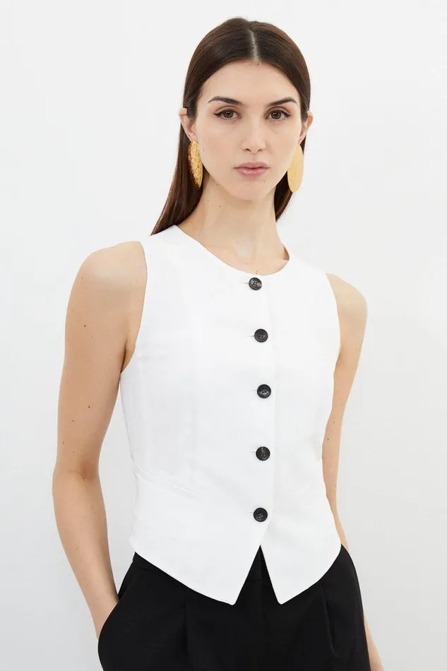 Tops Women Karen Millen Premium Linen Viscose Tailored Button Through Waistcoat Ivory