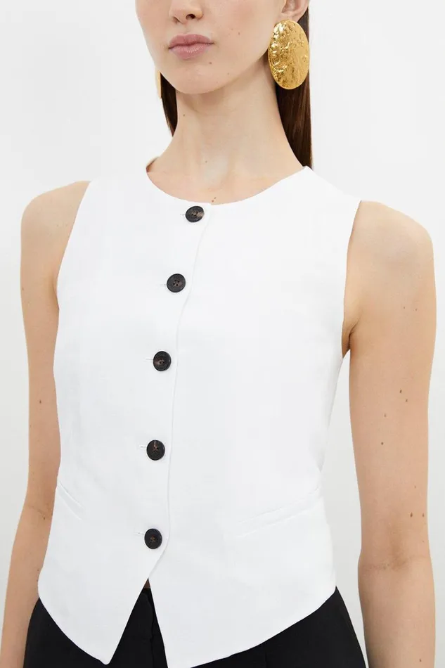 Tops Women Karen Millen Premium Linen Viscose Tailored Button Through Waistcoat Ivory