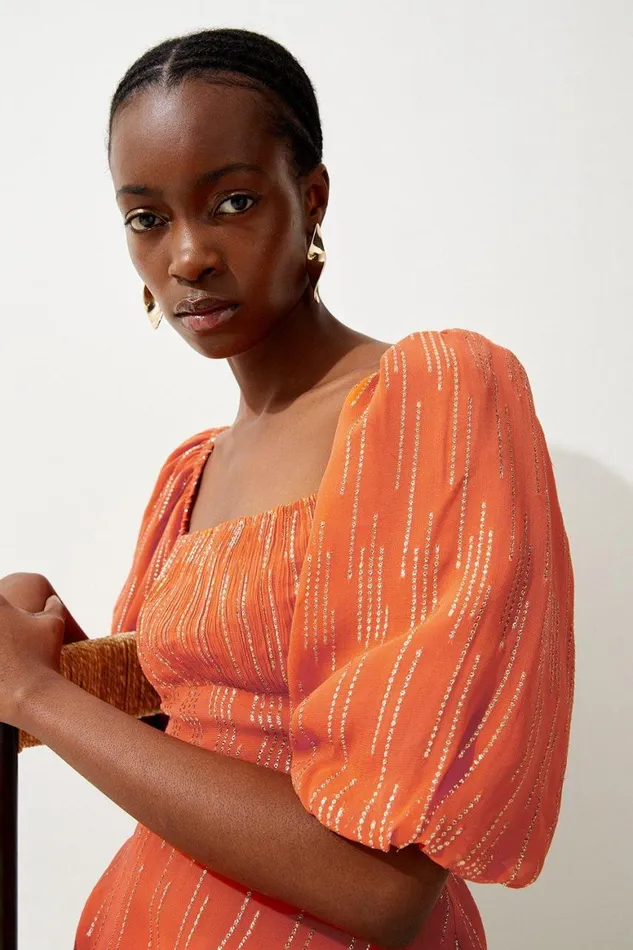 Tops Women Karen Millen Sparkle Iridescent Puff Sleeve Woven Blouse Rust