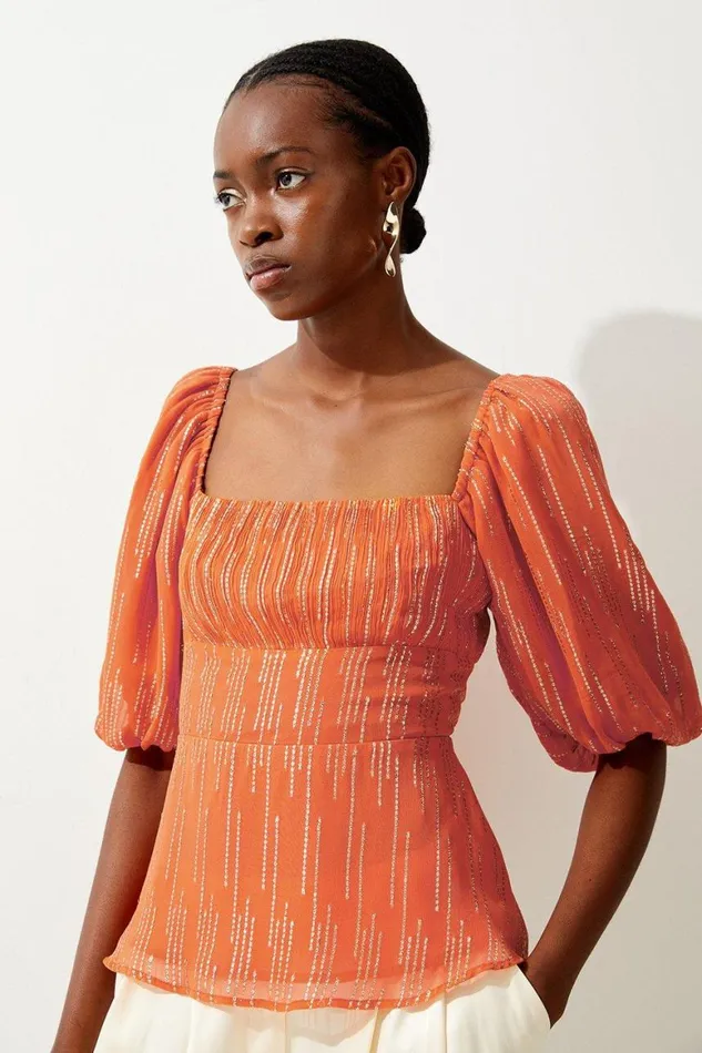Tops Women Karen Millen Sparkle Iridescent Puff Sleeve Woven Blouse Rust
